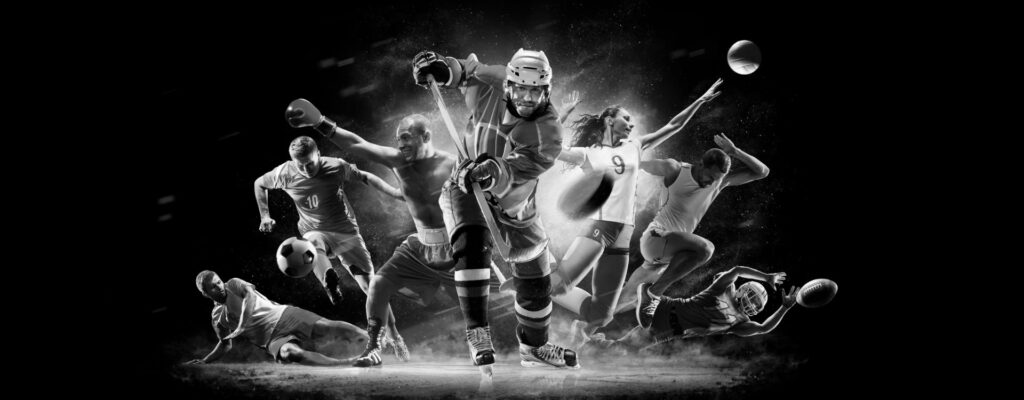Black and white collage of hockey, football, basketball, soccer and volleyball players in action
